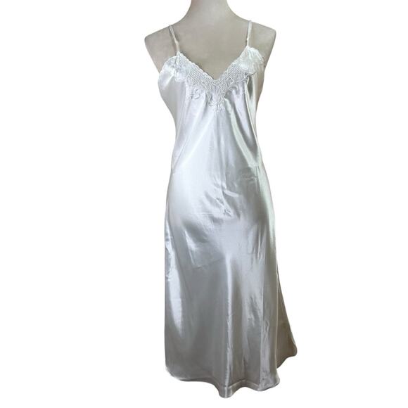 Vintage 90s Satin Bridal Slip Dress – Hand Embroidered, French Seams, Size L - Picture 1 of 11